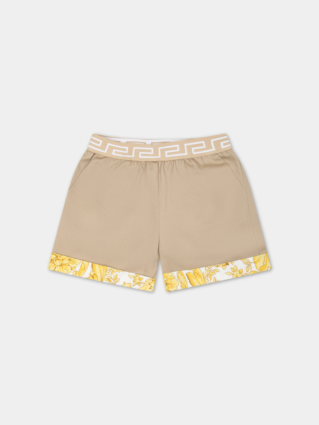 Beige shorts for baby boy with baroque print